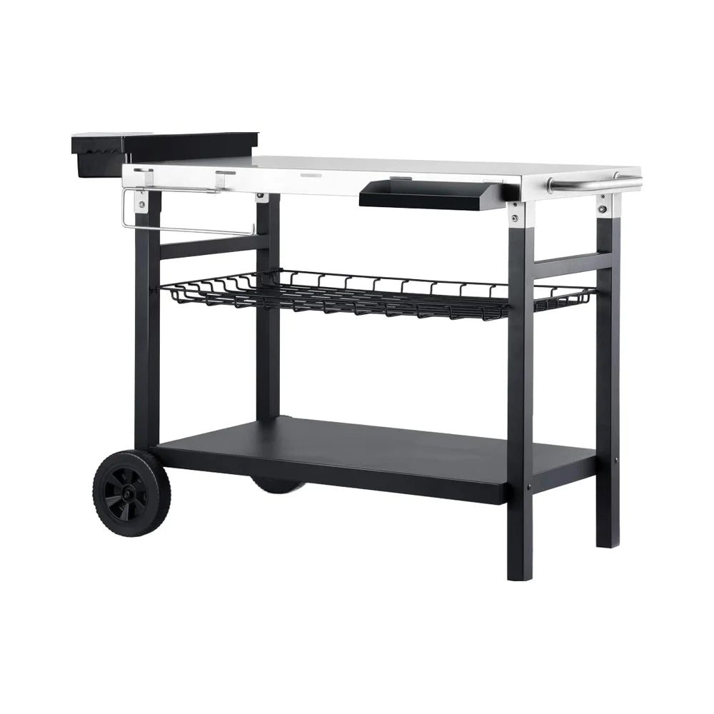 Movable Powder Coated Stainless Steel Iron Outdoor Grill Cart Rolling Dining Table Adjustable Propane Gas Smokeless Food Prep