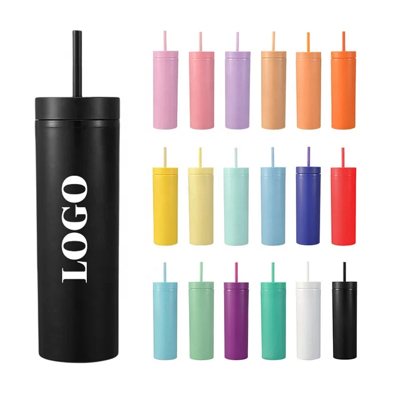 Factory Wholesale Customized 16oz Skinny Straight Tumbler Matte Colors Double Walled with Screw Lid & Straw for Camping & Party