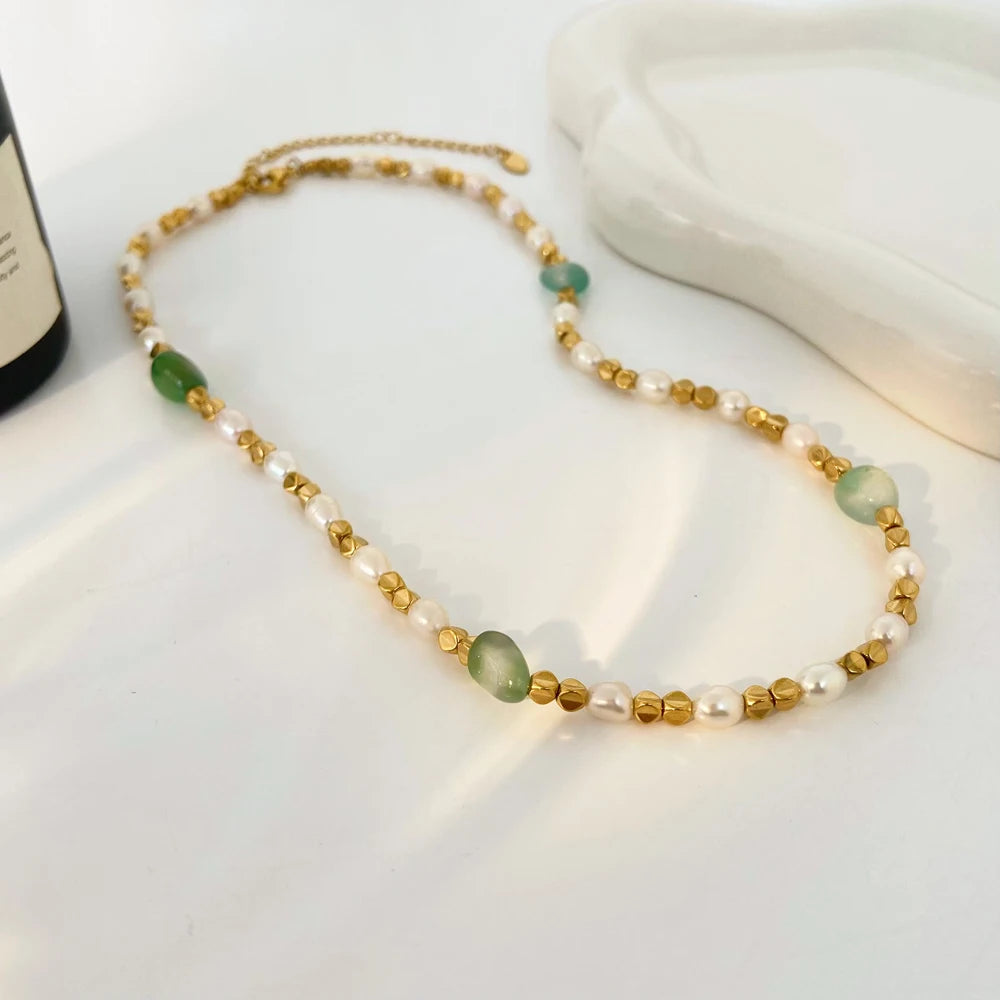 Vintage Pure Handmade Natural Green Agate Water Drops Freshwater Pearl Necklace Luxury Elegant Necklace