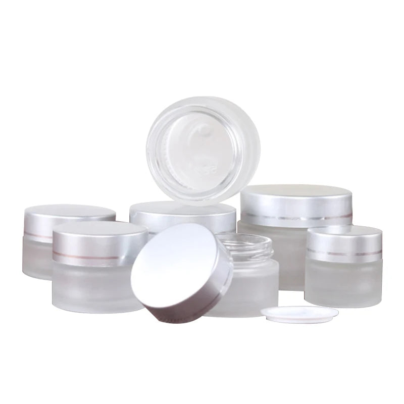 Low MOQ Frosted Glass Cream Jars 20g 30g 50g 100g Empty Refillable Cosmetic Container with Silver Metal Lid for Skin Care Cream