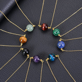 Natural 16MM Round Stone Beads Pendant Necklace Stainless Steel Chain Necklace for Women