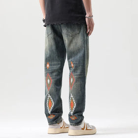 Streetwear Vintage Aztec Pattern Pantalones De Hombre Jeans Straight-Leg Embroidered Men's Denim Jeans Homme