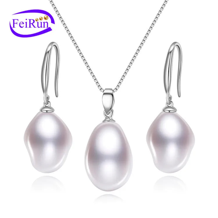 FEIRUN 12mm Nugget 3A Classic White Color Button Natural Freshwater Pearl Jewelry Set for Women
