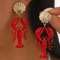 KAIMEI 2025 New Arrival Fashion Jewelry Retro 18k Gold Plated Sea Shell Women Earrings Red Painted Lobster Dangle Earrings