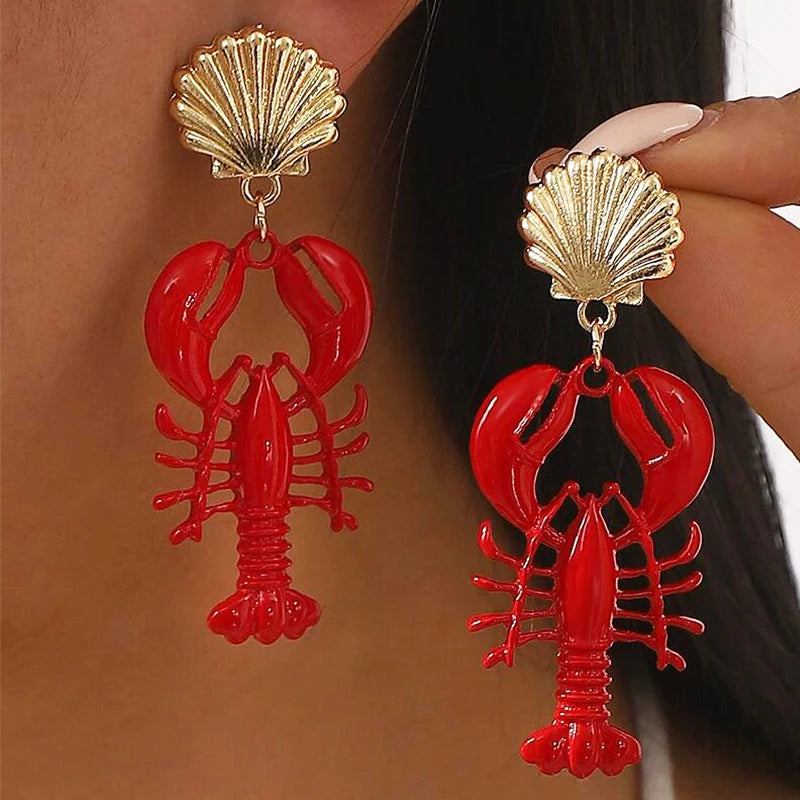 KAIMEI 2025 New Arrival Fashion Jewelry Retro 18k Gold Plated Sea Shell Women Earrings Red Painted Lobster Dangle Earrings