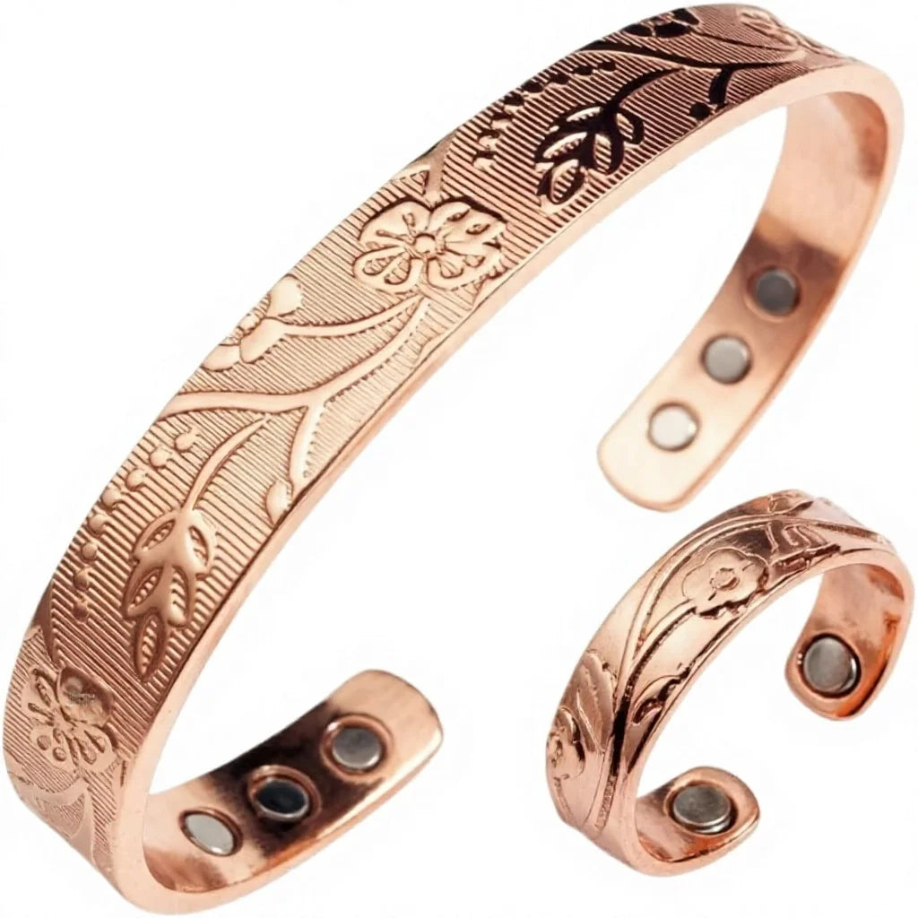 Hot Selling Trendy Flower Design Pure Copper Magnetic Bracelet and Ring Adjustable Size for Women Anniversary MegaBDM