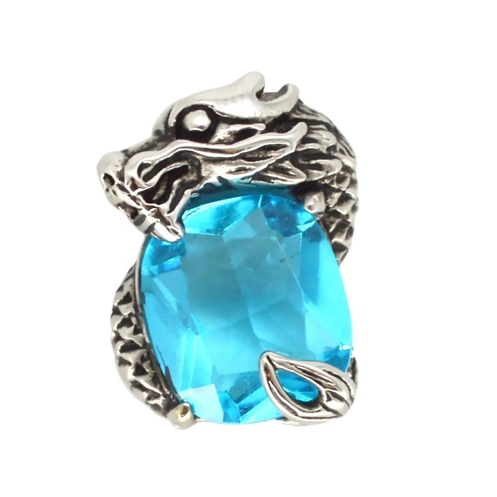 Spirit Animal Charms 316L Stainless Steel Dragon Wrapped Blue Black Crystal Stone Pendant Necklaces Gifts for Her Him