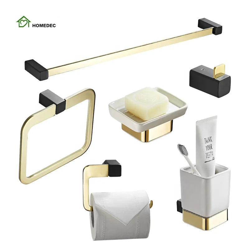 2025 Modern Hotel Black Gold Wall Mount Stainless Steel Towel Rack Bathroom Accessories Set for 6