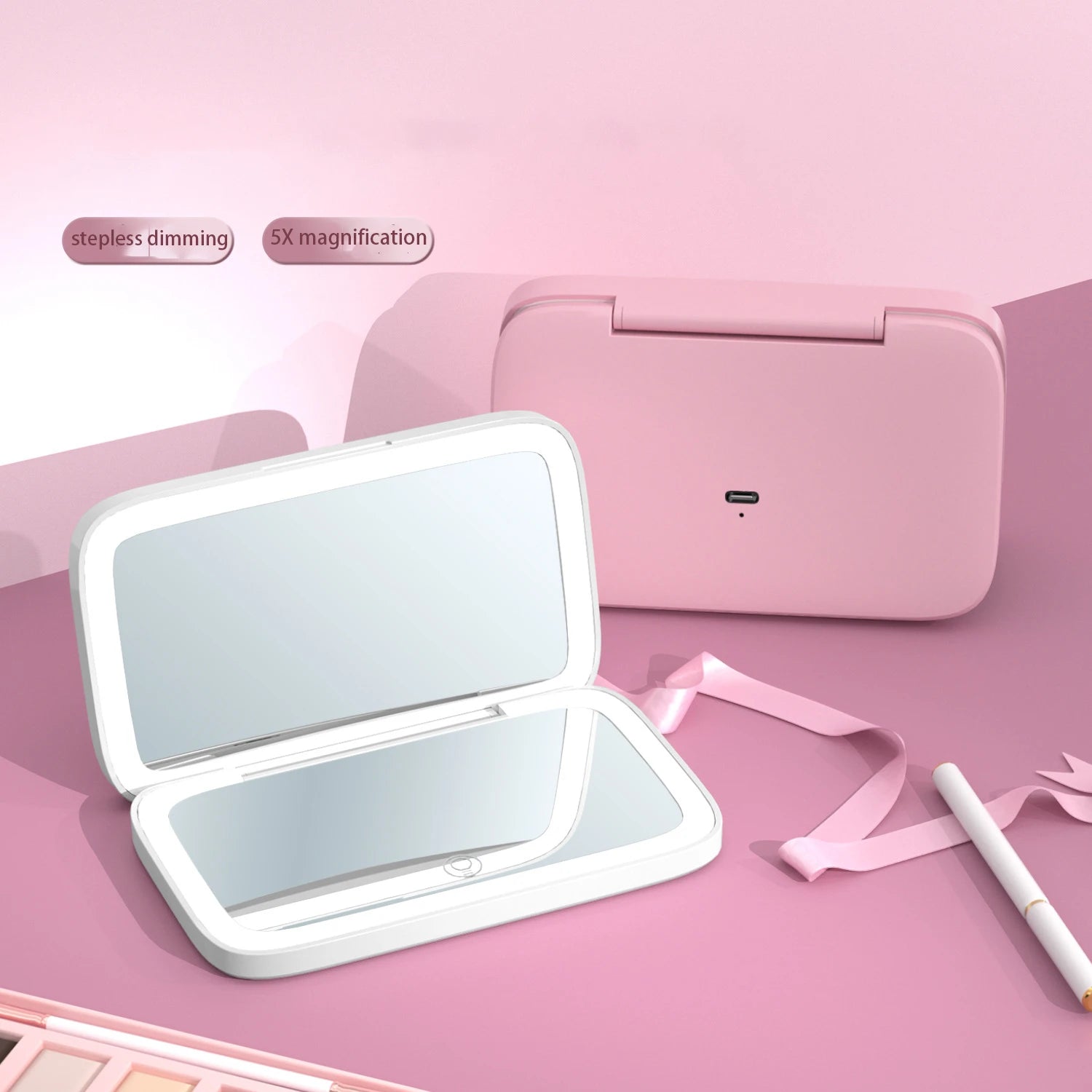 Zonyin 2-Sided LED Rechargeable Makeup Mirror 5X Magnifying Compact Pocket Travel Aesthetic Vanity Mirror Make up Cosmetic Tools