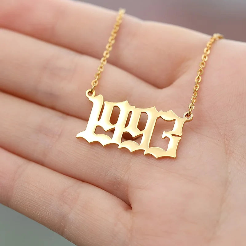 Fashion Girls Women Personality Gift Old English Gold Stainless Steel Pendant Birth Year Necklaces Jewelry