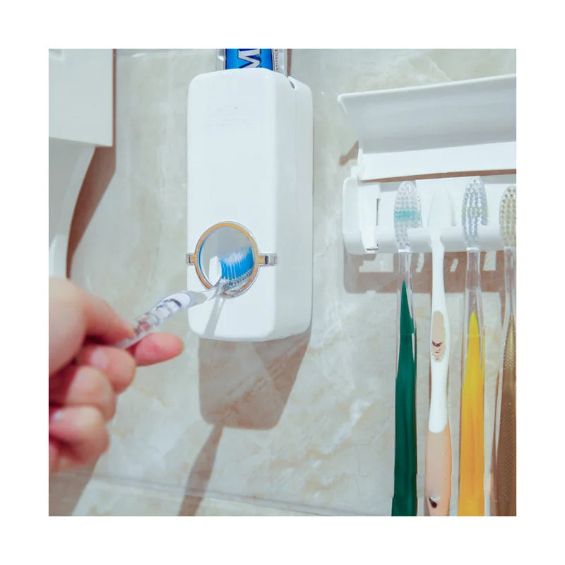 GUDE Wall Mount Plastic Automatic Toothpaste Squeezer Dispenser 4 Toothbrush Holders Eco-Friendly Two-piece Design for Home