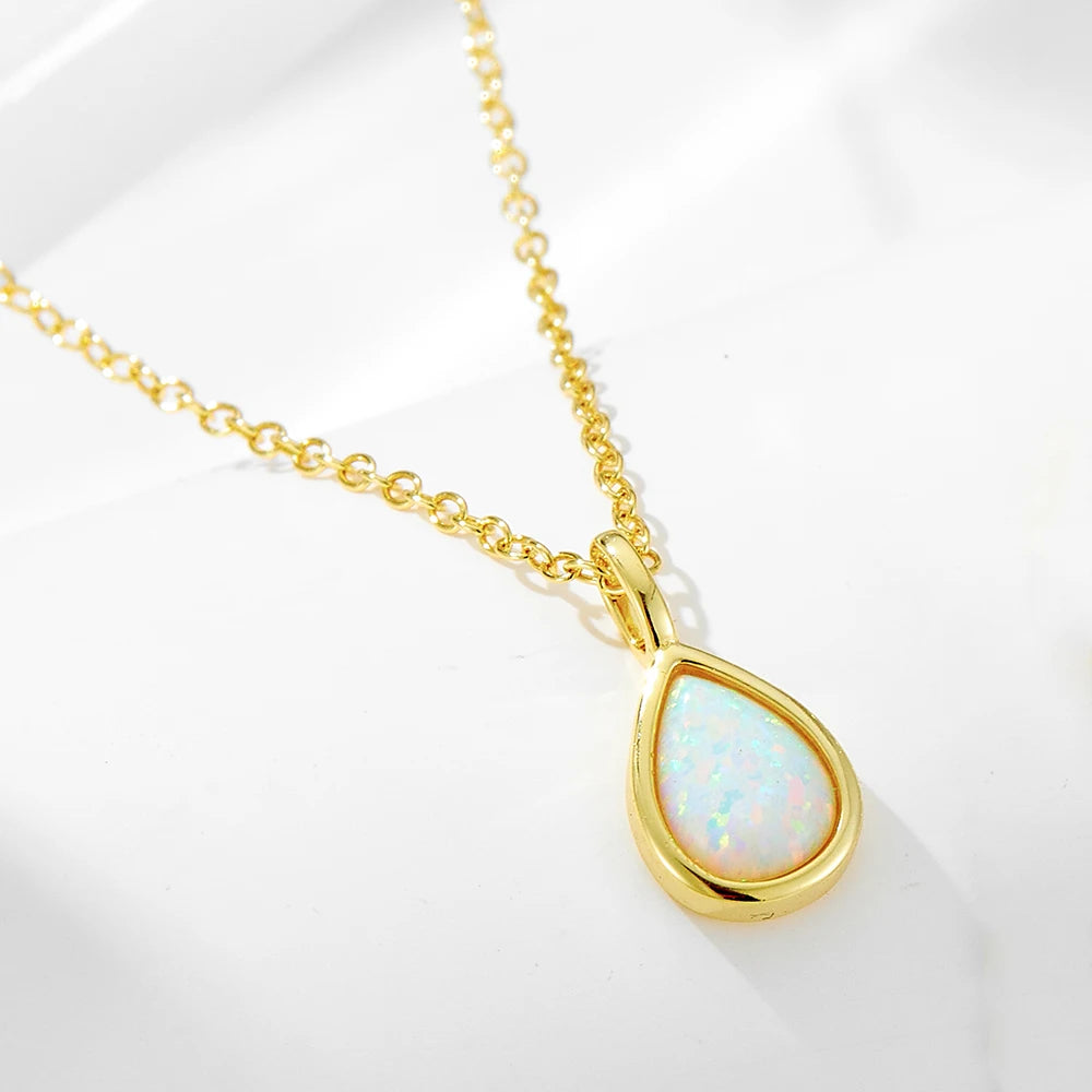 FULSUN Classic Fashion S925 Sterling Silver Geometric Pear Shape Opal Necklace Gold Plated Water Drop Pendant Choker Necklaces