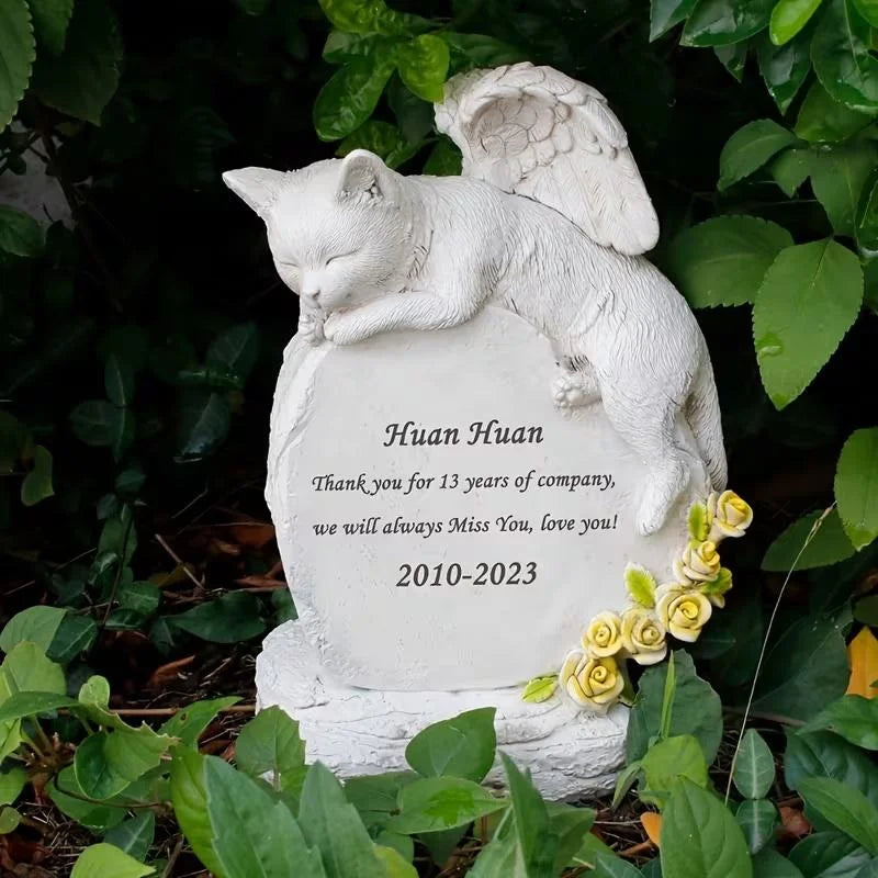 White Angel Cat Resin Statue Handmade Engraved Words Realistic Texture Yellow Roses Anime Pet Memorial Figurine Household Gifts