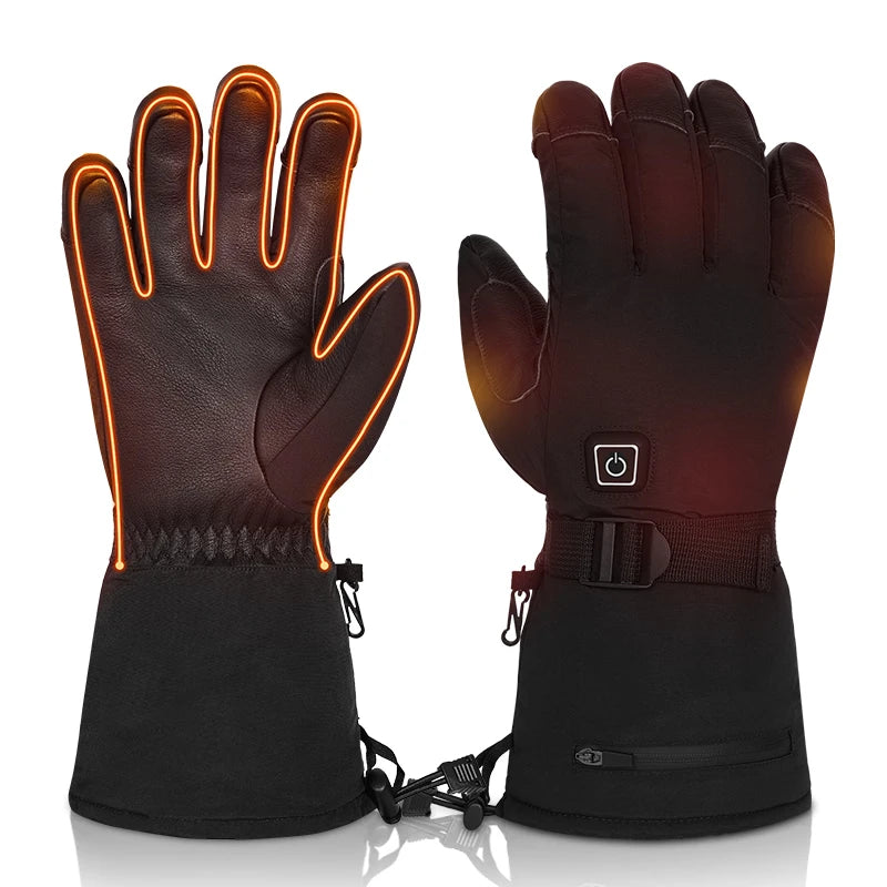 For Winter Warm Waterproof Leather Ski Work Gloves Battery Rechargeable Electric Heated