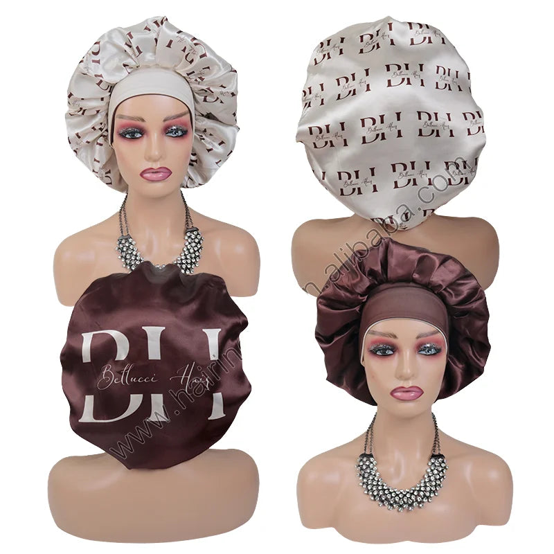 Custom Logo Adjustable Women Double Layer Wide Band Sleep Night Cap Braid Silk Satin Lined Designer Hair Bonnets With Ties