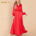 Clothing Factory Wholesale Custom Women Made Gorgeous Long Sleeve Red Polyester V-Neckline Fashion Loose Casual Maxi Dresses