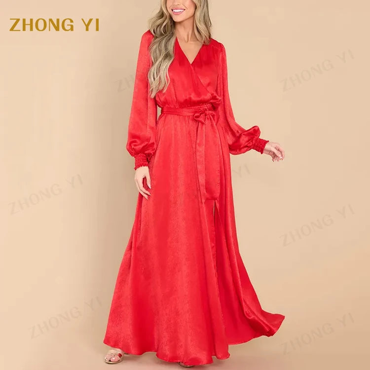 Clothing Factory Wholesale Custom Women Made Gorgeous Long Sleeve Red Polyester V-Neckline Fashion Loose Casual Maxi Dresses