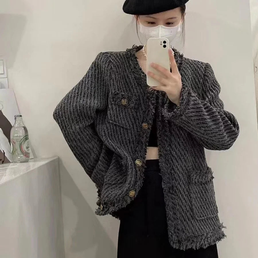 Women's Winter New Fashion Small Fragrance Waterproof Round Neck Long Sleeved Thin Polyester Loose England Style Coat
