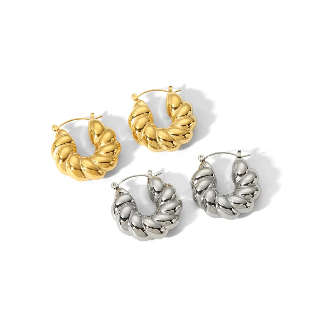 High Polish Large Chunky Screw Twisted Hoop Earrings Stainless Steel Waterproof Gold 18k Pvd Gold Plated Huggie Earrings
