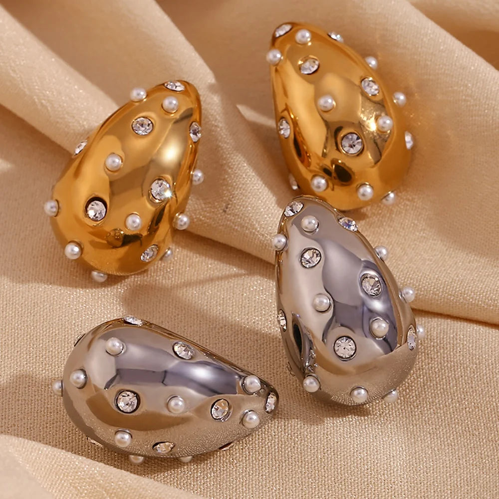 Dreamshow Water Drop Pearl Stud Earring Zircon Women Jewelry Gold Plated Stainless Steel Boucles D'oreilles En Acier Inoxydable