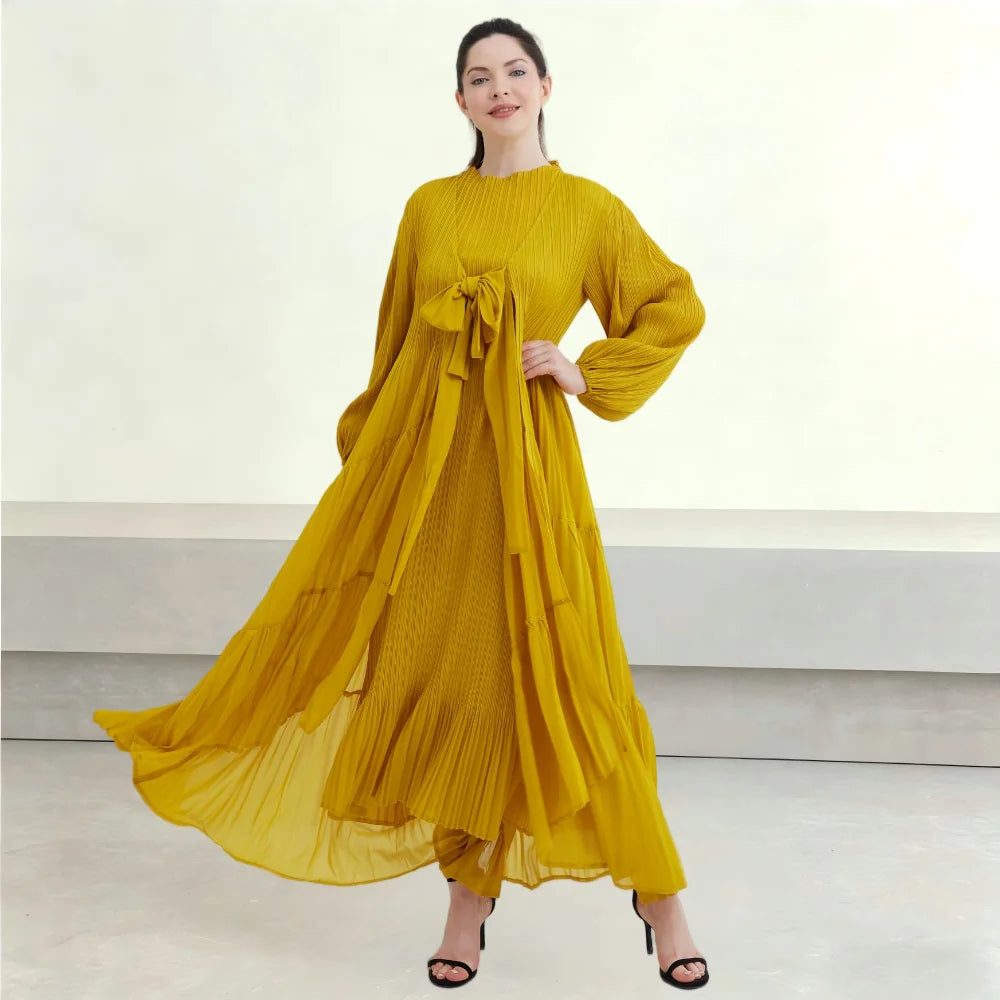 Miyake Pleated Dresses Maxi Ladies Plus Size Long Sleeve Two Piece Set Abaya Women Muslim Dress Ramadan Latest Original Design