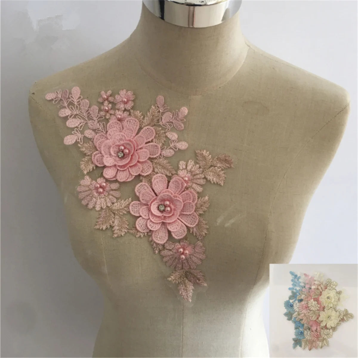 3D Pearl Flower Applique Lace Collar Trim Wedding Dress Embroidered Neckline Sewing Patch DIY Craft
