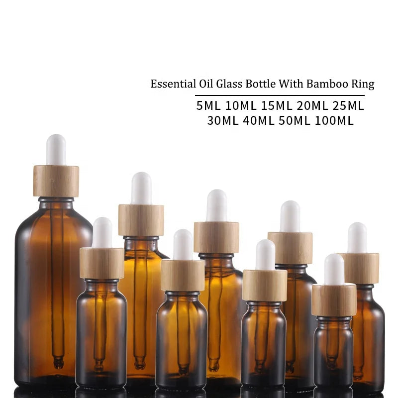 Amber Glass Packaging Container with Bamboo Lid Dropper Essential Oil Cosmetic Packaging with False Eyelashes Use