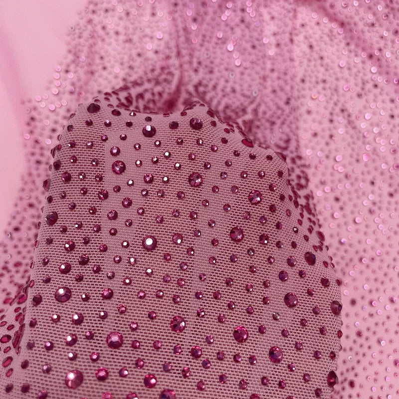 Fashion New Pink Crystal High Quality Rhinestone Set in Pink Elastic Mesh Fabric for Custom Dresses MegaBDM