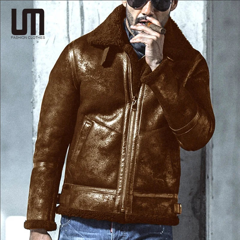 Liu Ming Wholesale Trending Winter Men Fashion Thick Warm Overcoat Leather Fur Plus Size Jacket Lambswool Lining Coat