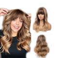 Brown with Blonde Wave Wig with Bangs for Women Natural Water Wavy Hair Heat Resistant Synthetic Wigs Fast Delivery