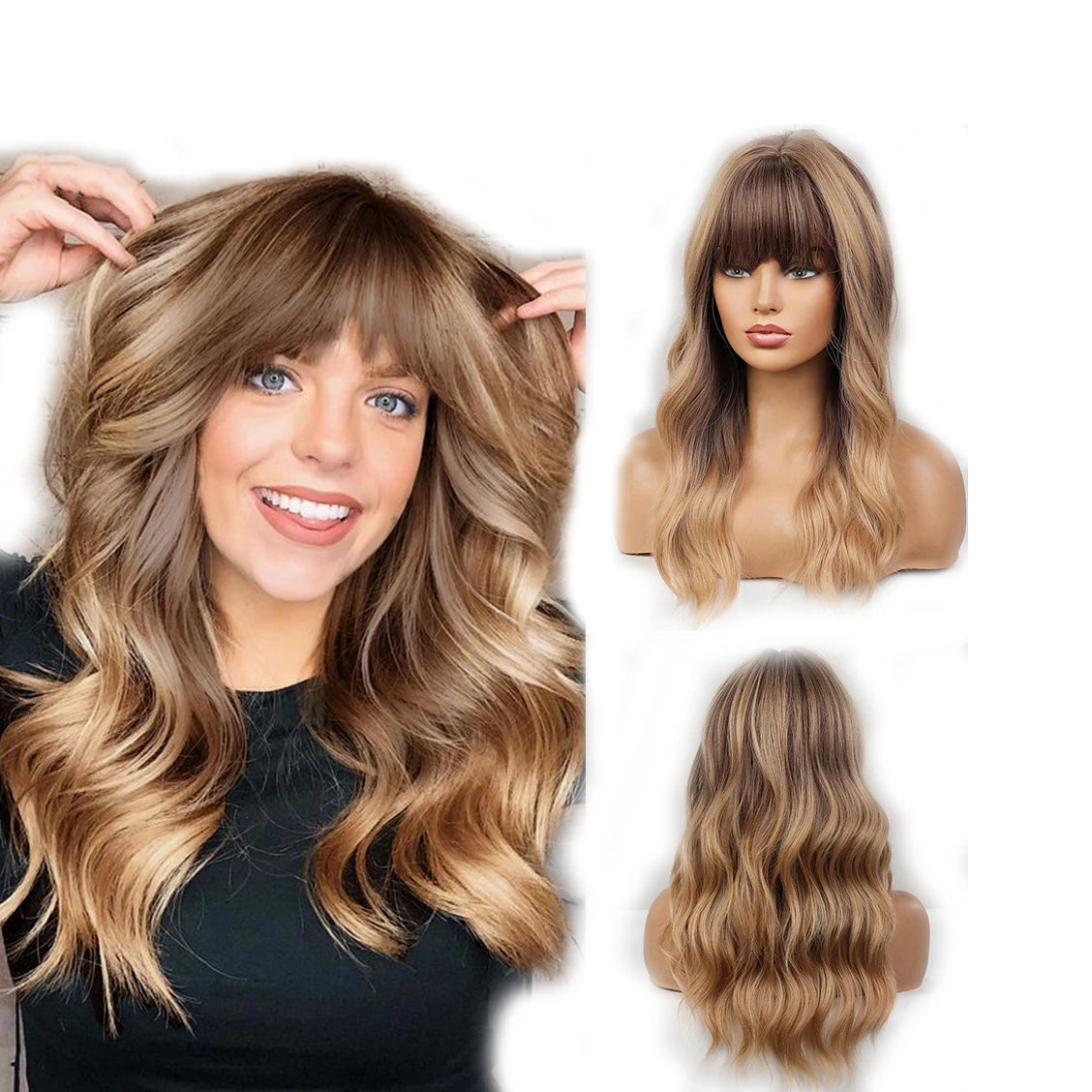 Brown with Blonde Wave Wig with Bangs for Women Natural Water Wavy Hair Heat Resistant Synthetic Wigs Fast Delivery