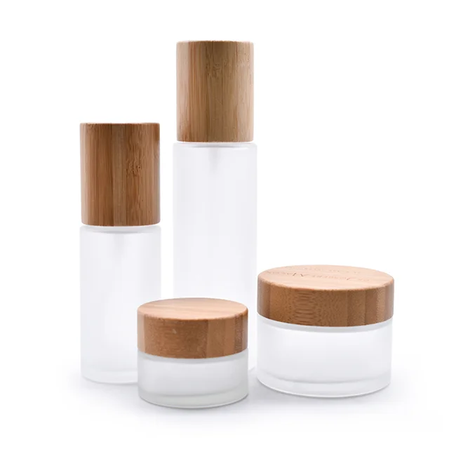 Hot Sale Empty Glass Spray Bottle Frosted Clear Bamboo Lotion Bottle Cream Jar Cosmetic Package Set