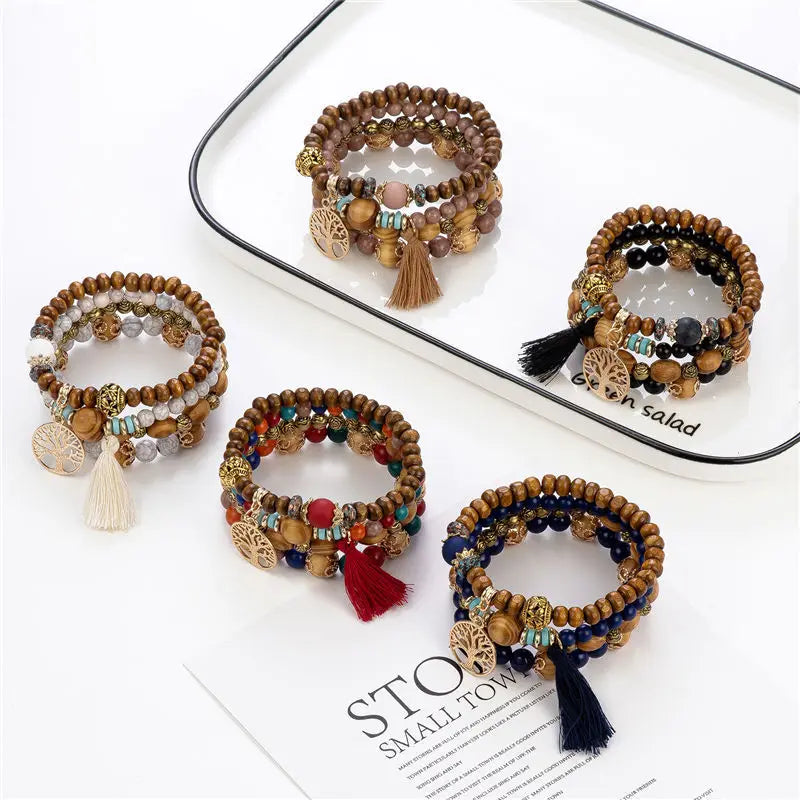 Colorful Round Wooden Beads Bracelet with Multi-Layer Tree of Life Pendant Gold Plated Elegant and Stylish Bangles