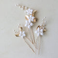 SLBRIDAL Handmade Alloy Leaf Ceramic Flower Pearls Bridal Hair Pins Set Wedding Hair Sticker Hair Accessories Women Jewelry