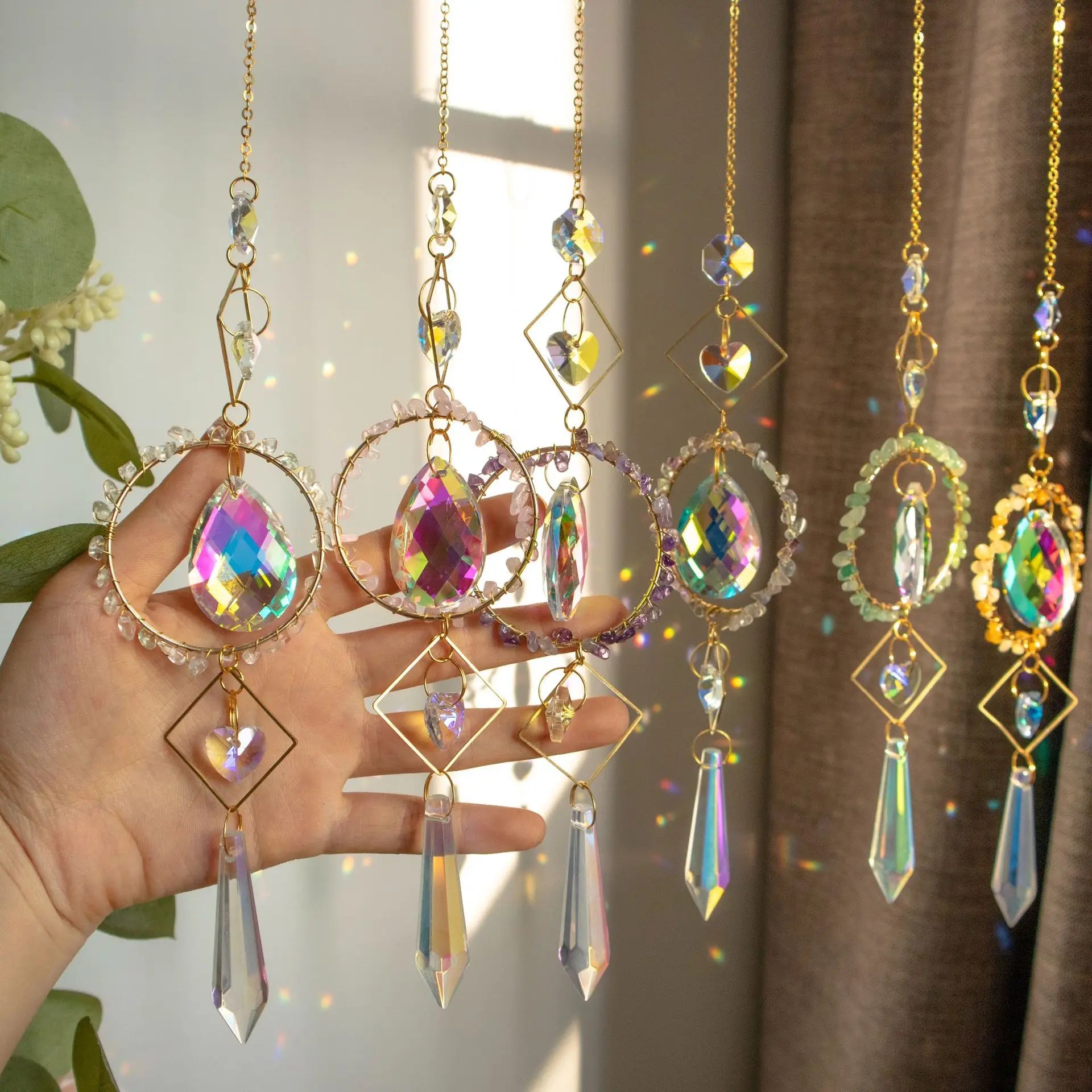 Wholesale K9 Crystal Prism Sun Catcher Amethyst Quartz Wind Chimes Window Hanging Decoration with Gemstones Crystal Crafts