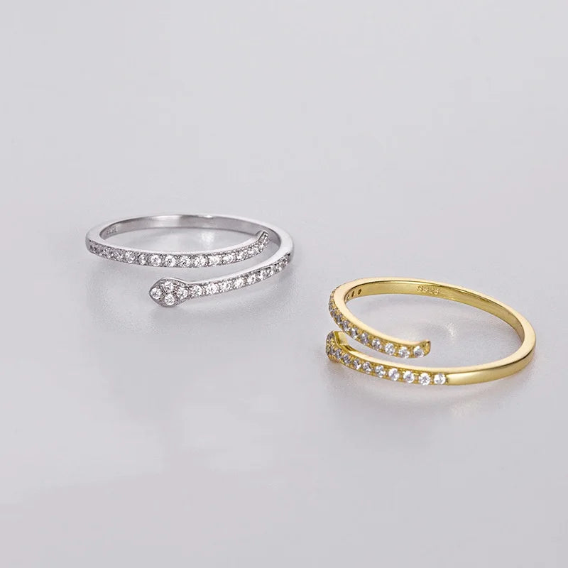 Pave Cubic Zirconia 925 Sterling Silver Fine Jewelry Adjustable Snake Rings for Women