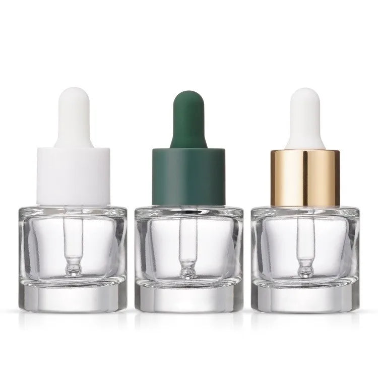 Luxurious 15ml Clear Mini Flat Shoulder Thick Dropper Easy Press Glass Bottle Plastic Cap for Essential Oils Cosmetics Packaging