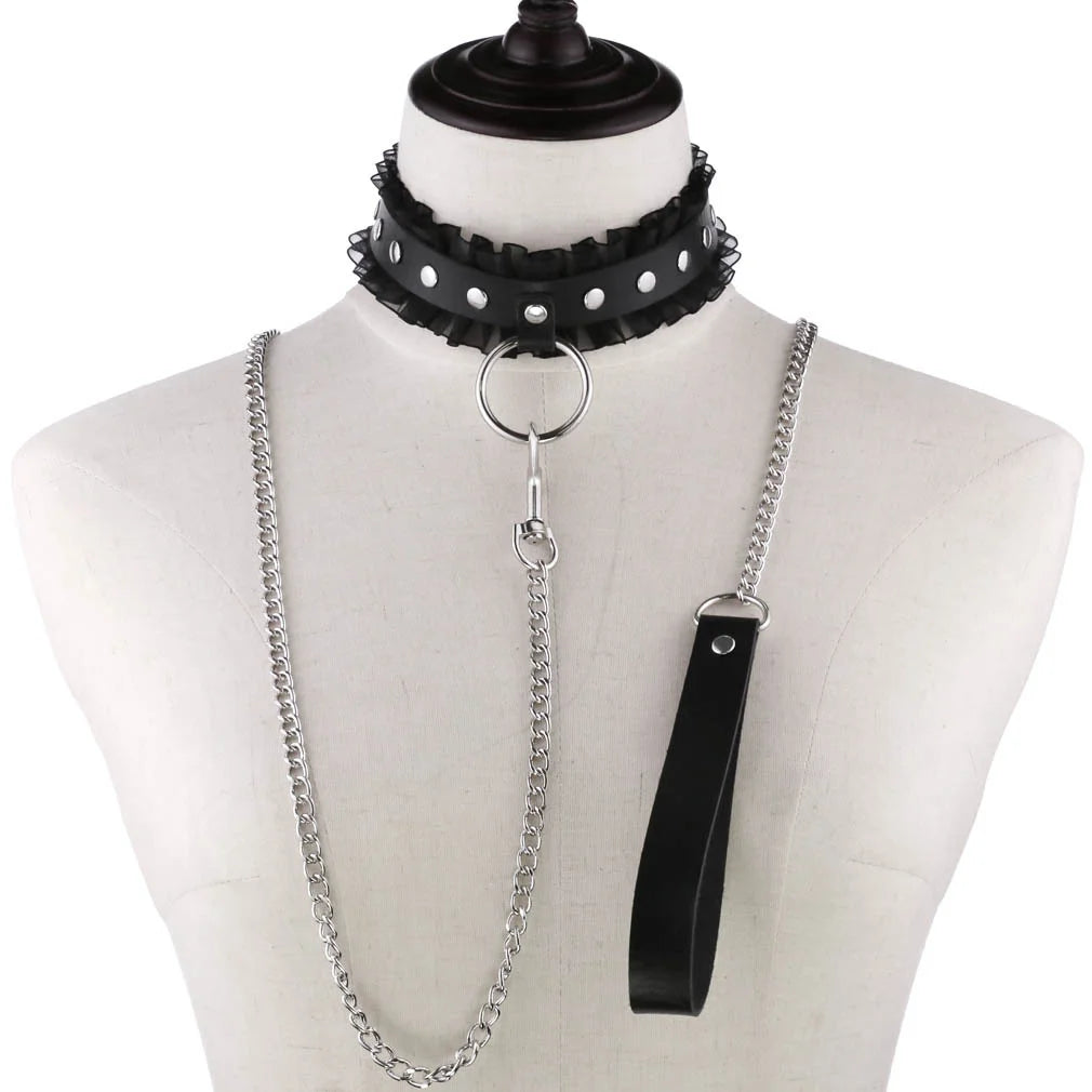 Harajuku Style Lolita PU Leather Punk Choker Necklace Gothic Lace Collar Necklace Evening Club Lace Bondage Chokers for Women