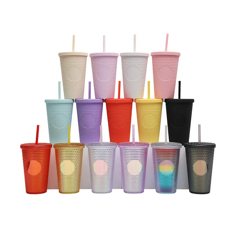 Wholesale Custom Acrylic Plastic Double Wall Glitter Diamond 16oz Water Bottle with Lid and Straw Coffee Tumbler Cups Bulk