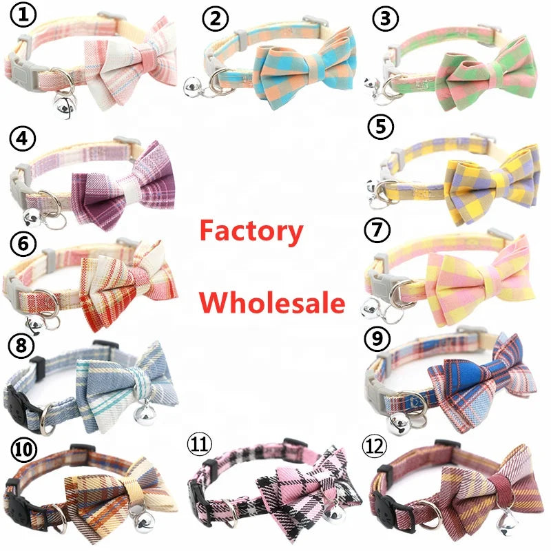 12 Colors Available Pet Bow Fabric Plaid Collar Cat Dog Collar British Plaid Adjustable Detachable Collar