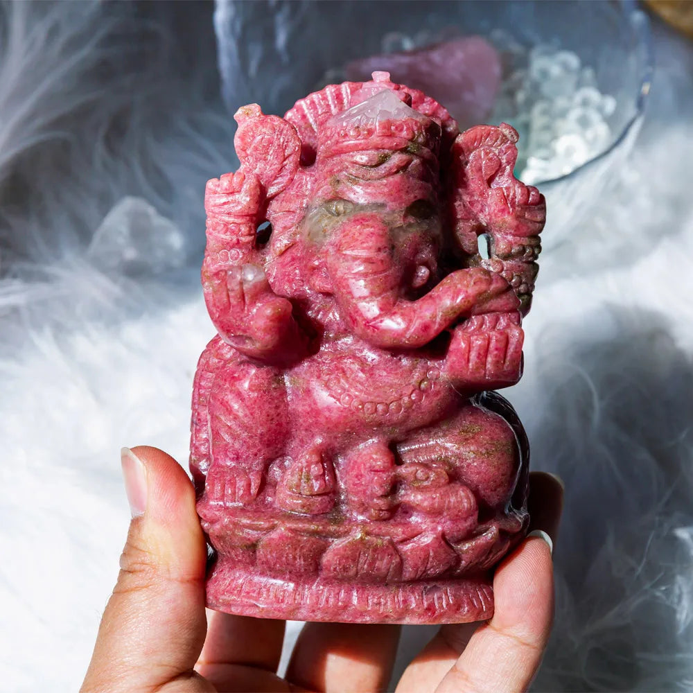 Wholesale Natural Hand Engraved Gemstone Crystal Animal Model Crafts Rhodonite Ganesha Irregular Shape Collectible for Home