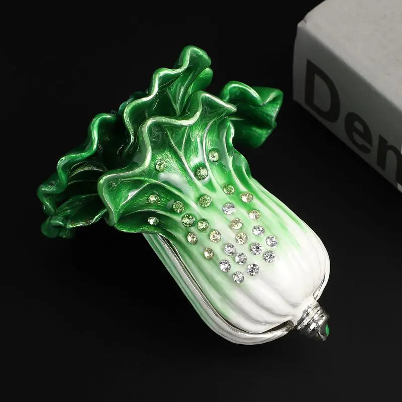 SHINNYGIFTS Oval Green Hand Painted Enamel Cabbage Jewelry Box FengShui Home Desk Display Vegetable Trinket Box