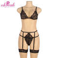 New Arrivals Women's Sexy Floral Lace Garter Bra Brief Set Hollow Out Strappy See-Through Size L Light Control Level