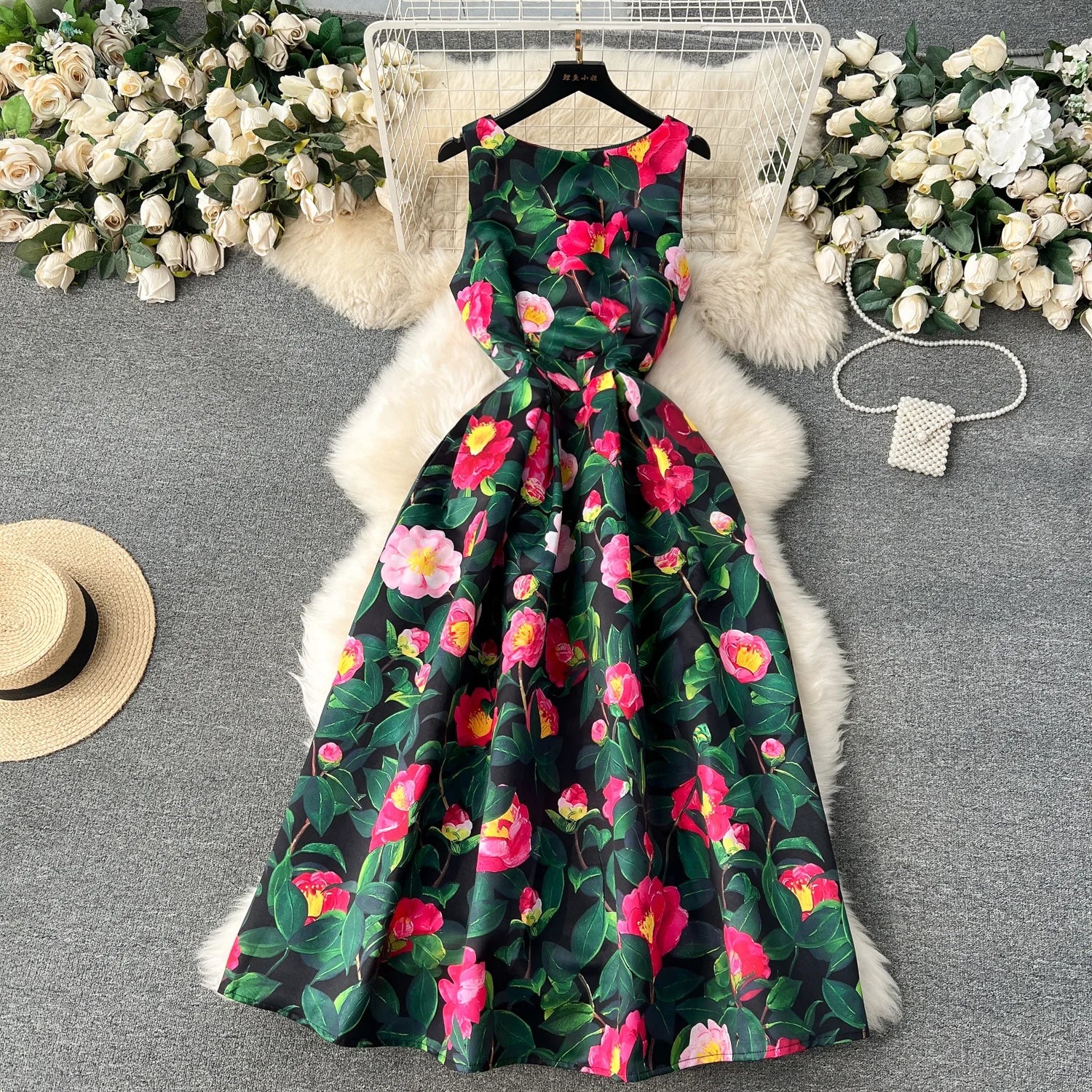 Summer Sleeveless Print Casual Dress Women High Waist A-line Ladies Retro Dresses Clothes Women Wholesale