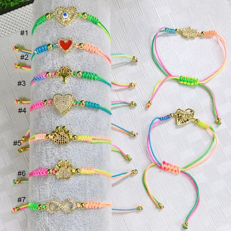 BC3012 Dainty Gold CZ Paved Infinity Heart Dog Paw Print Rainbow Cord Friendship Macrame Bracelets for Girls Women