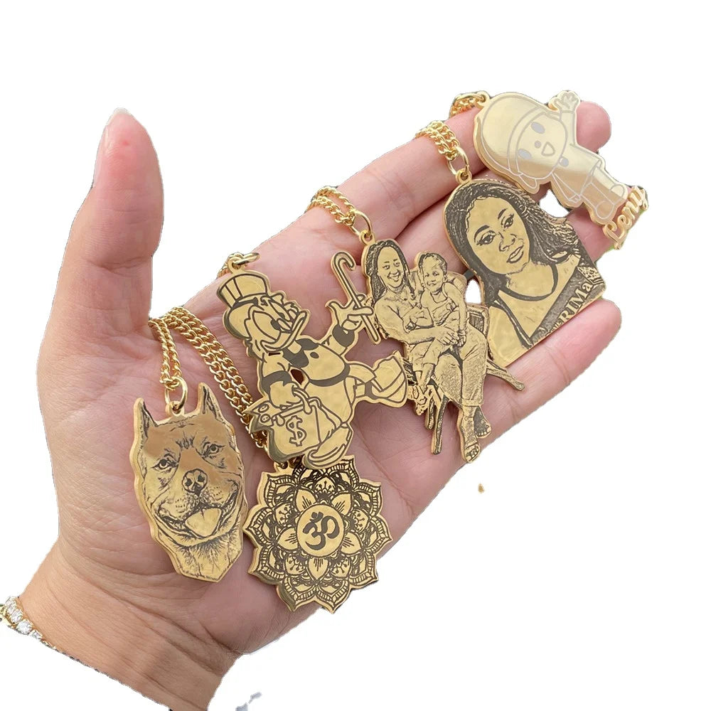 Dropshipping Personalized Name Photo Necklace for  Women Men Stainless Steel Gold Plated Family Picture Jewelry Gift Pendant