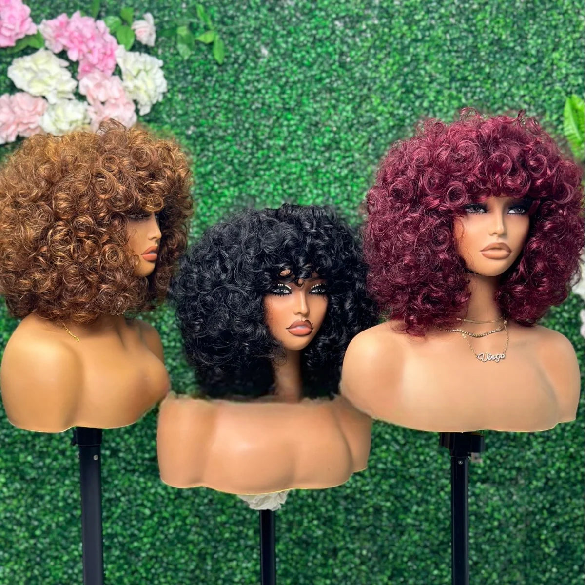 Wholesale 100% Virgin Vietnamese Afro Curly Wigs with Bangs 300% Density Piexie Cut Double Drawn Glueless