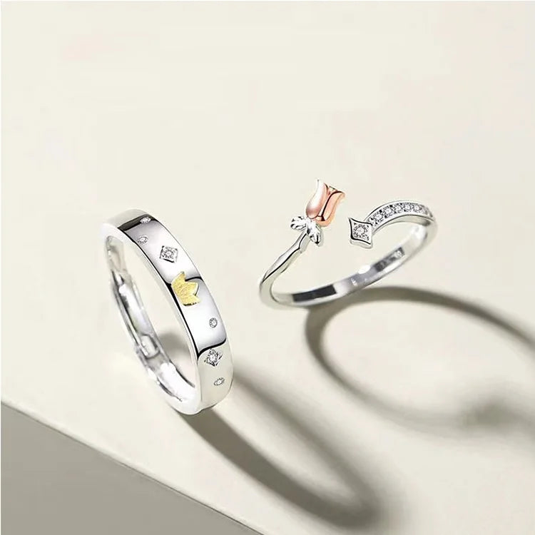 and Roses Couple Ring Romantic Design Simple Lover Jewelry Valentine's Day Gift Open Finger Ring for Men Women