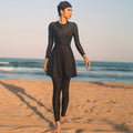 2026 Muslim Women Swimwear Suit Black Long Sleeve Chest Pad Flared Skirt Long Pant Burkini With Cap