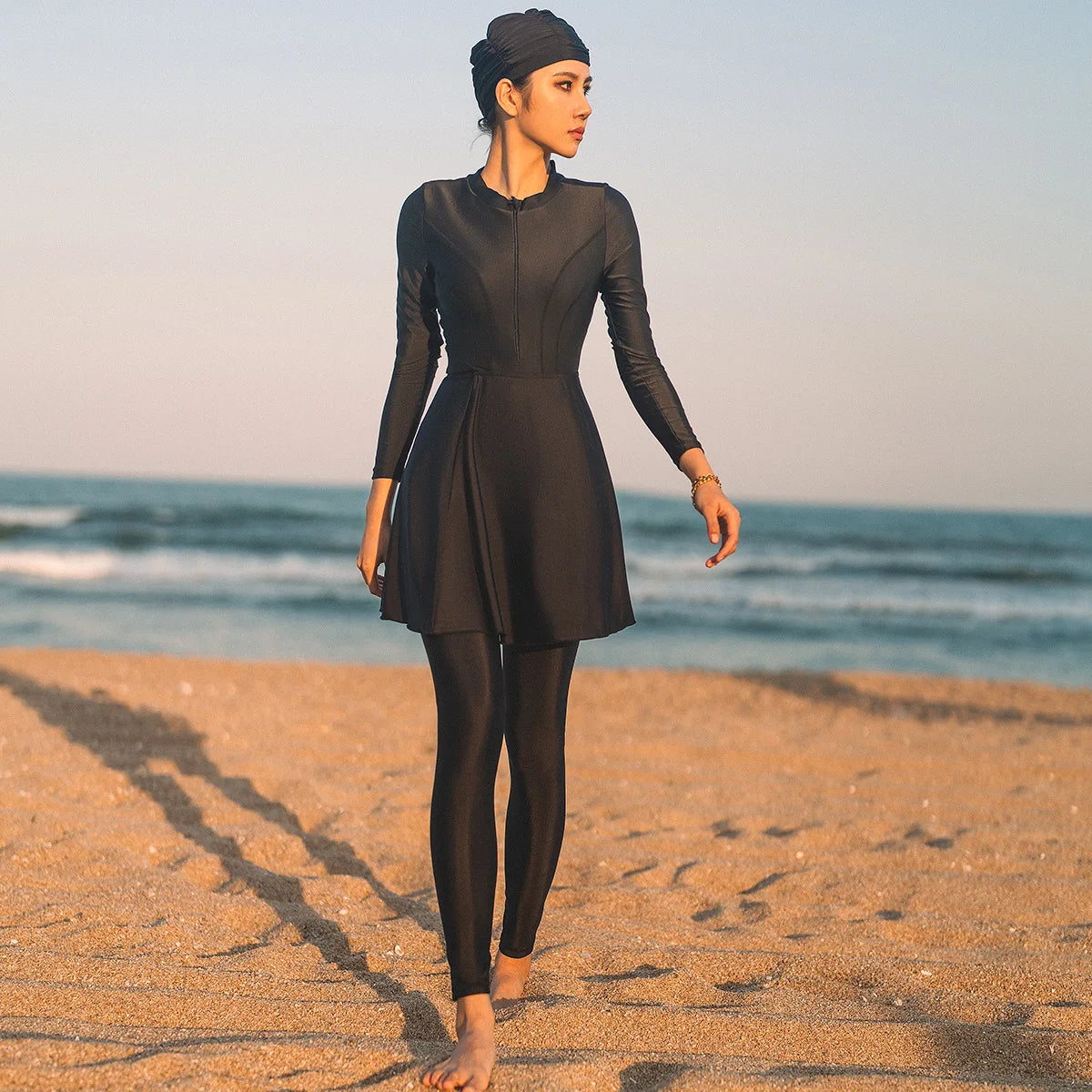 2026 Muslim Women Swimwear Suit Black Long Sleeve Chest Pad Flared Skirt Long Pant Burkini With Cap